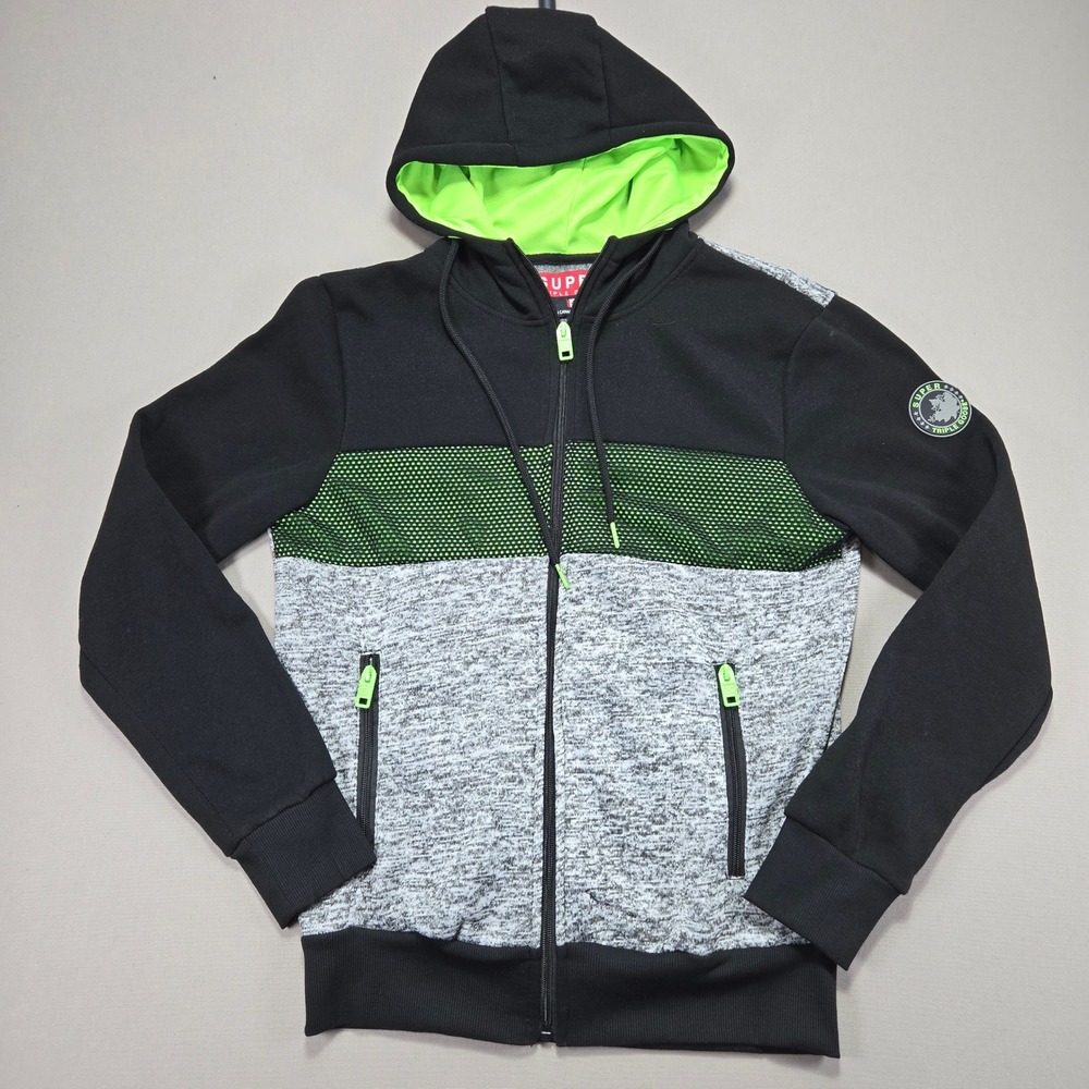 Super‎ Triple Goose Hoodie Full Zip Black Green Accent Mens Jacket size Small